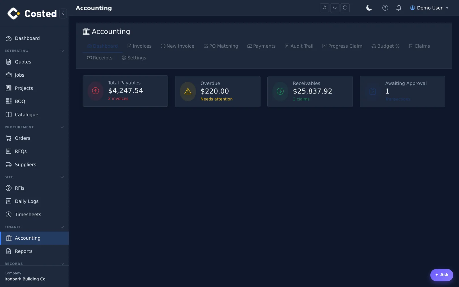 Accounting dashboard: payables, overdue, receivables and claims awaiting approval