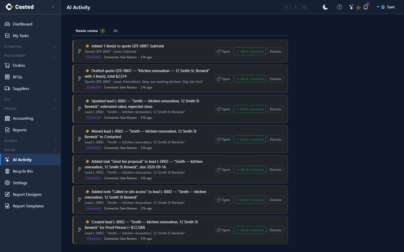 AI Activity in costed.app: every change the assistant or a connector made, who it acted for, the record it touched and its review status, with a link straight to the record