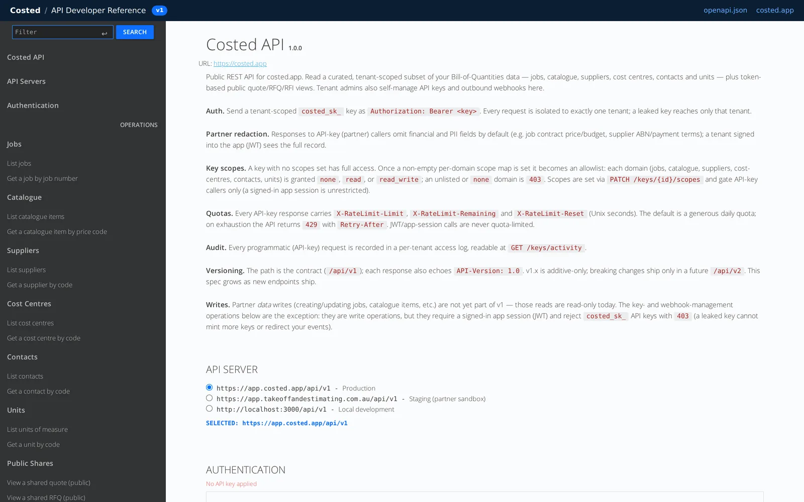 The costed.app API Developer Reference: a RapiDoc reference for the versioned /api/v1 REST API