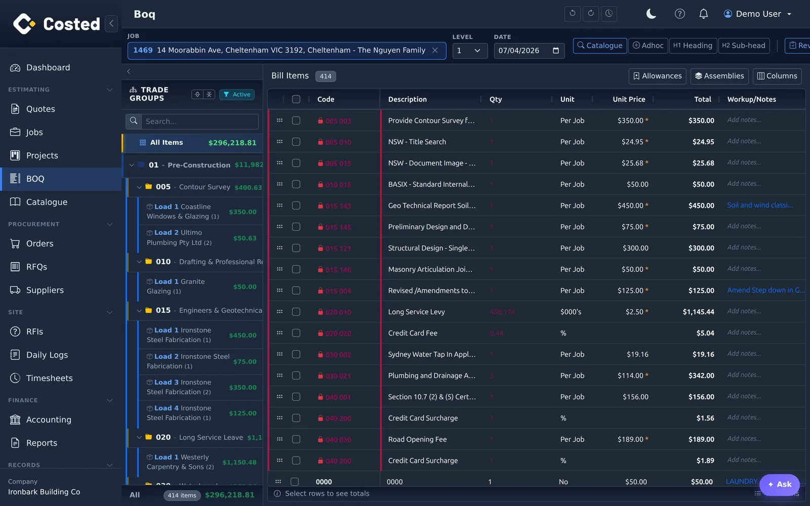 BOQ editor with trade groups and 414 bill items