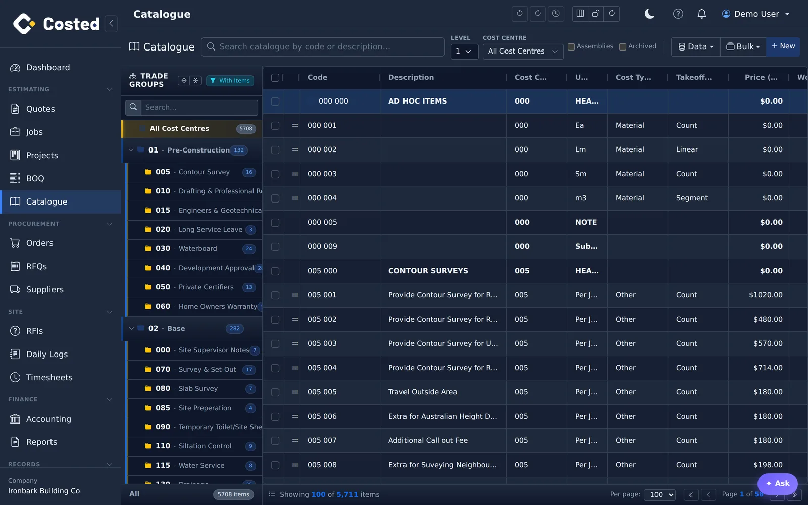 Catalogue data imported from a legacy estimating system