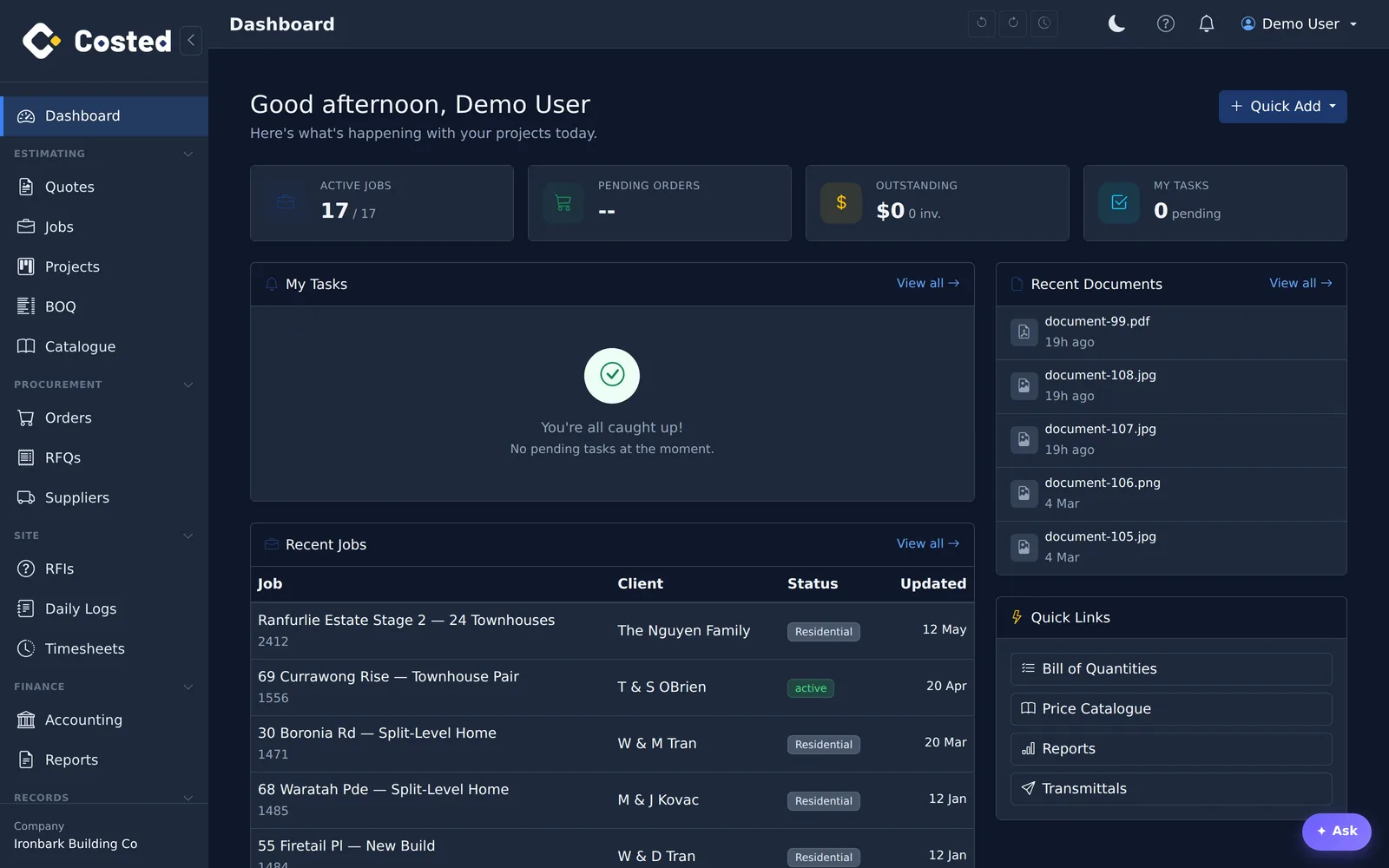 costed.app dashboard with jobs, orders and outstanding balances