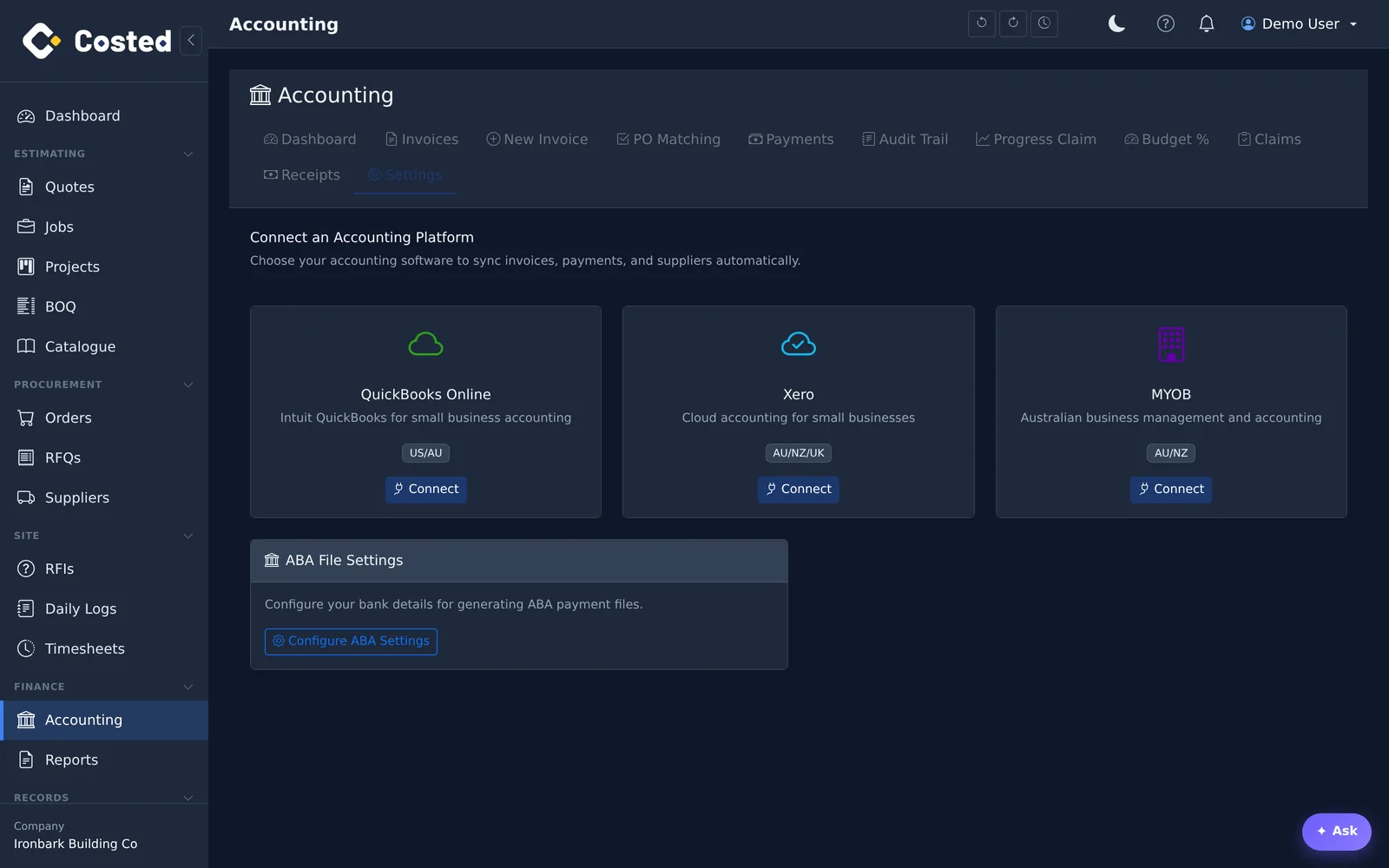 The costed.app accounting integrations screen: connect QuickBooks Online, Xero or MYOB