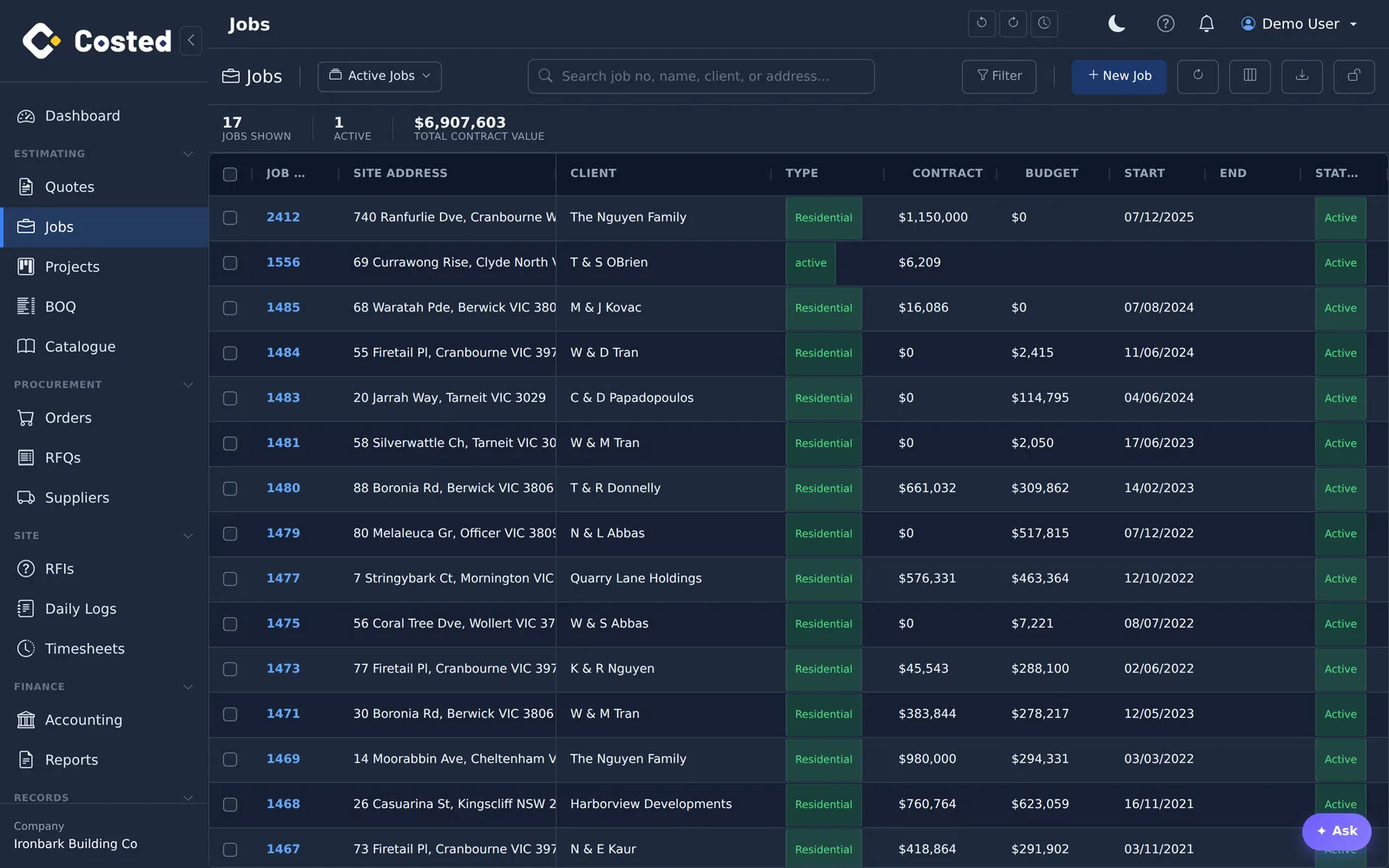 A migrated builder’s jobs list in costed.app: seventeen active jobs with contract values