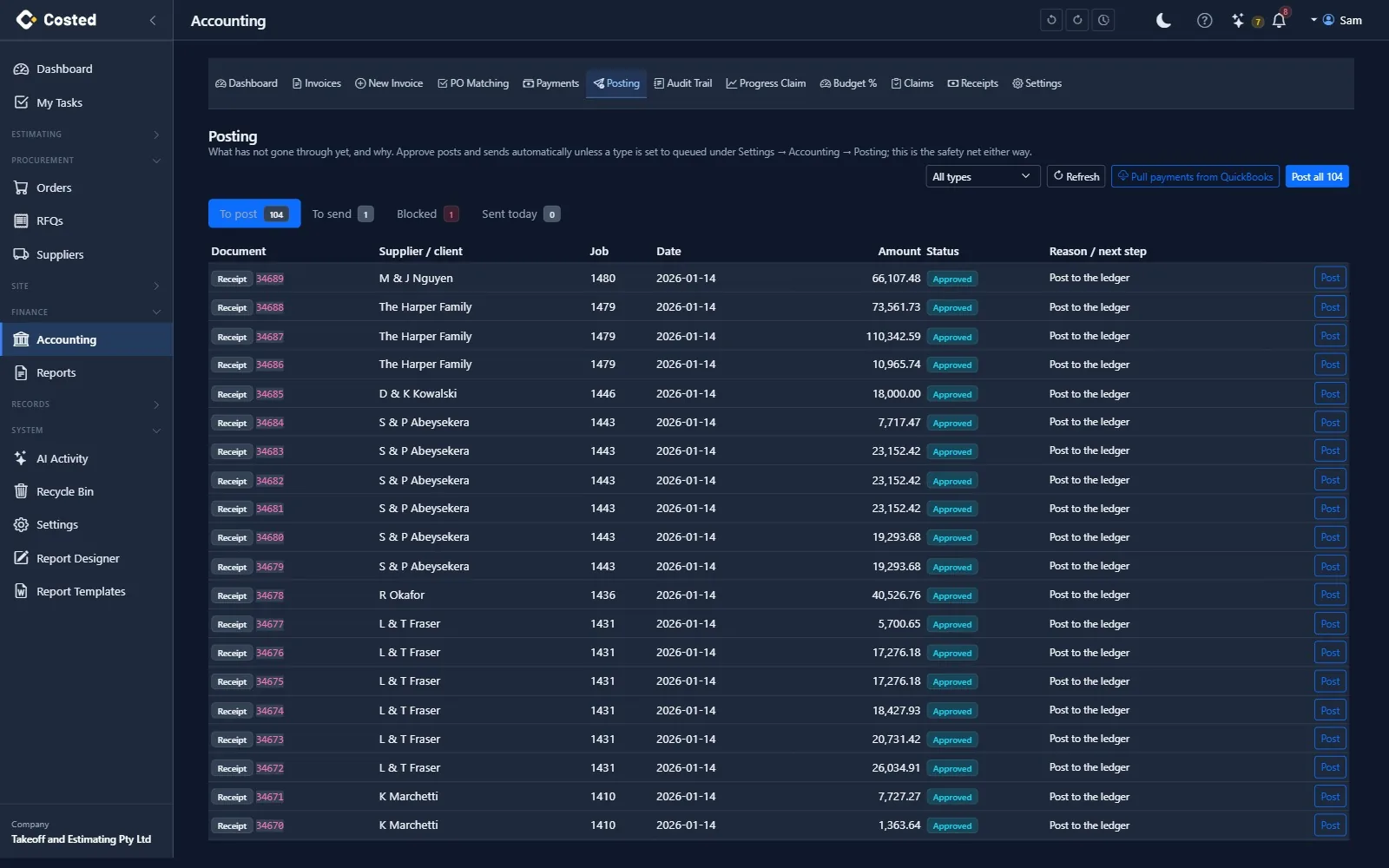 The Posting screen in costed.app: To post, To send, Blocked and Sent today queues, each approved document with its status, the reason it is waiting and a Post button