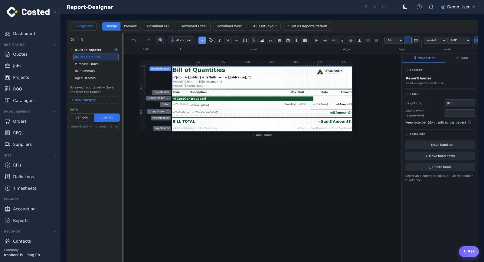 The built-in banded report designer with a template open