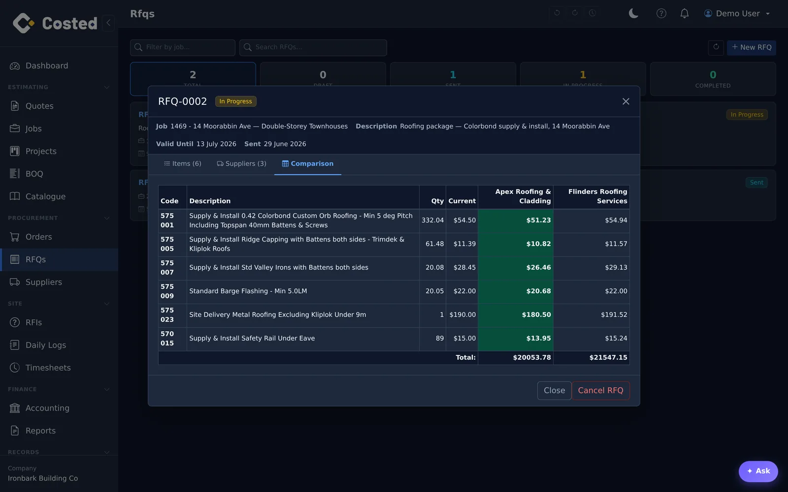 RFQ comparison: two supplier quotes side by side with the lowest prices highlighted