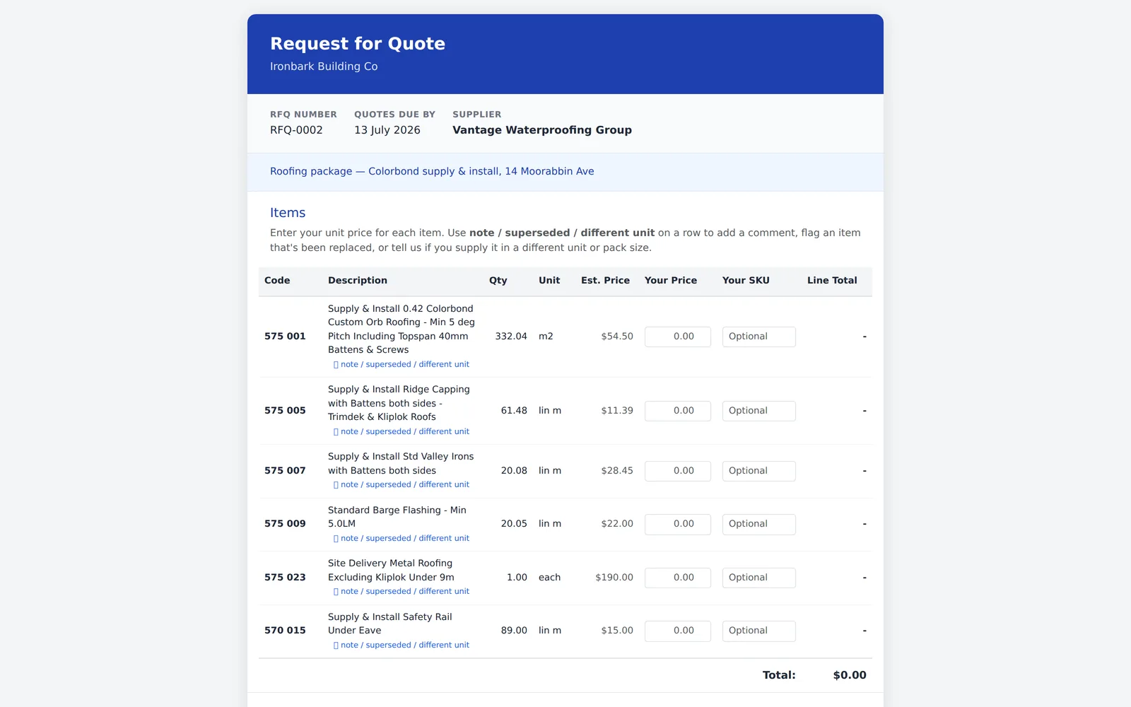 The public supplier quote portal: request for quote with per-item price entry